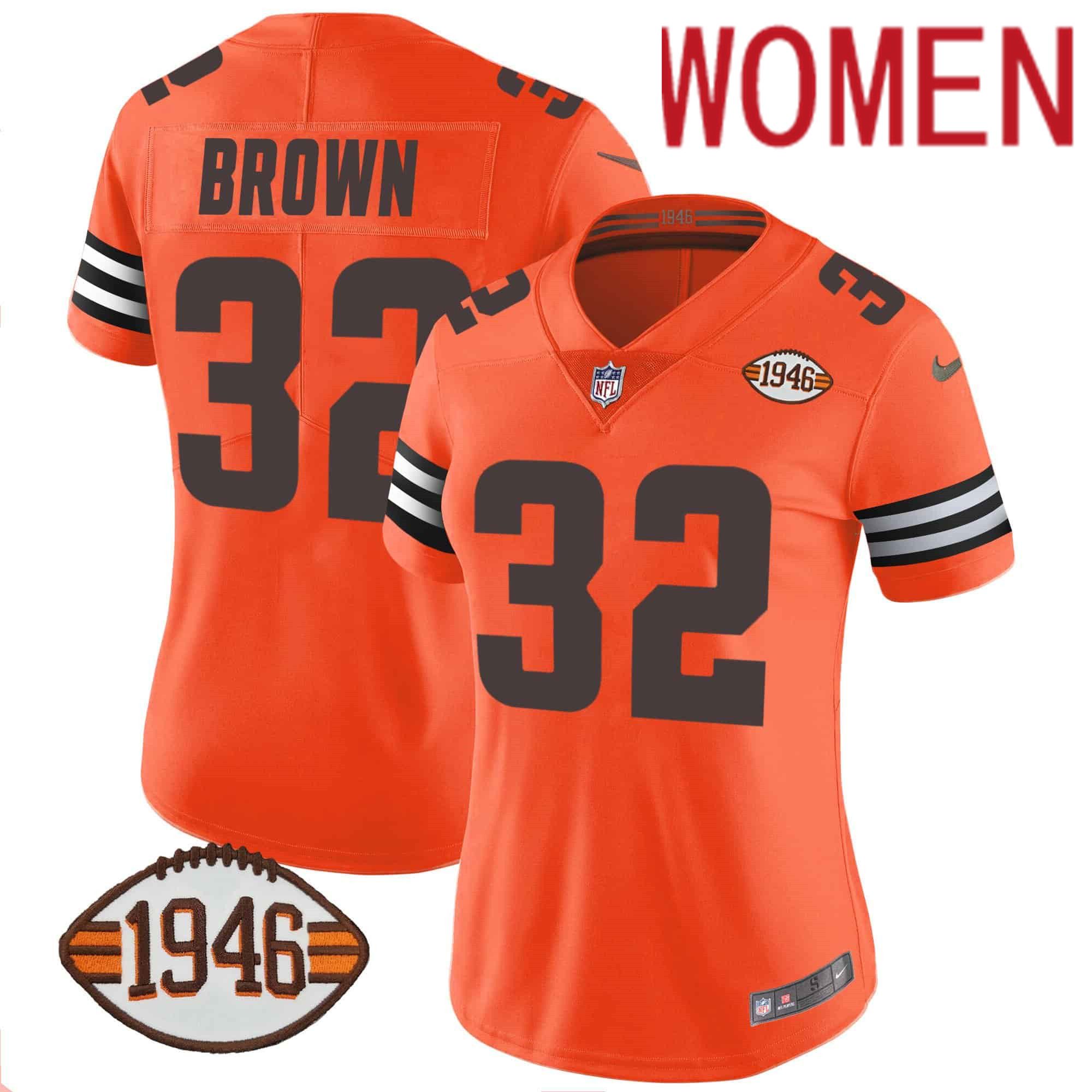 Women Cleveland Browns #32 Brown Orange 1946 75th Anniversary Patch 2024 Nike NFL Jersey